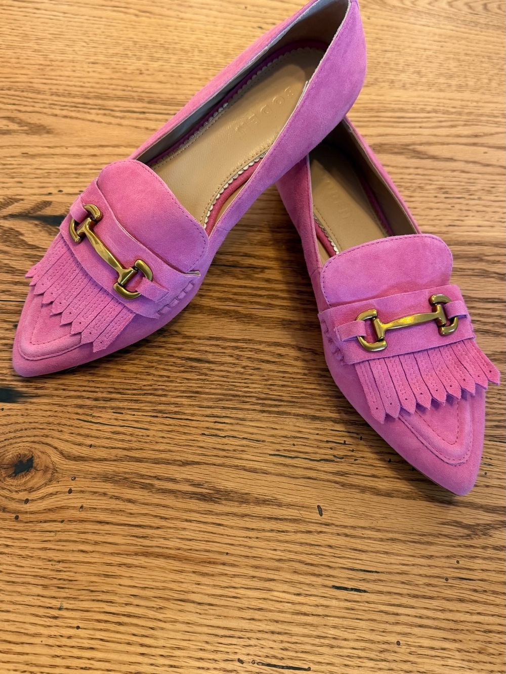 Boden Pointed Pink Suede Kiltie Loafers with Snaffle Bit Gold Hardware